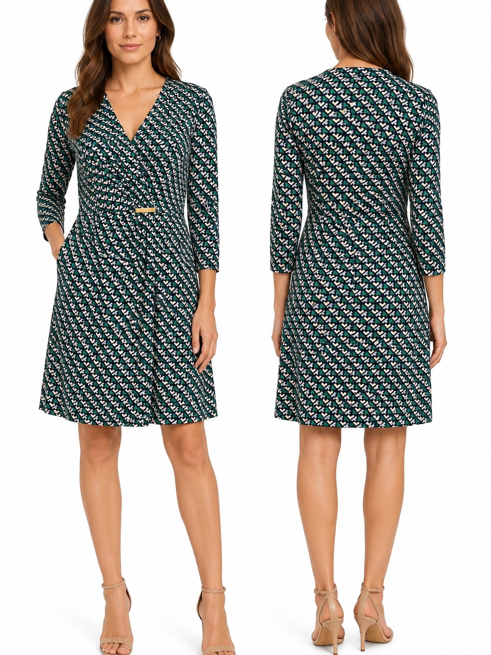 Esprit Green Patterned Faux-Wrap Midi Dress